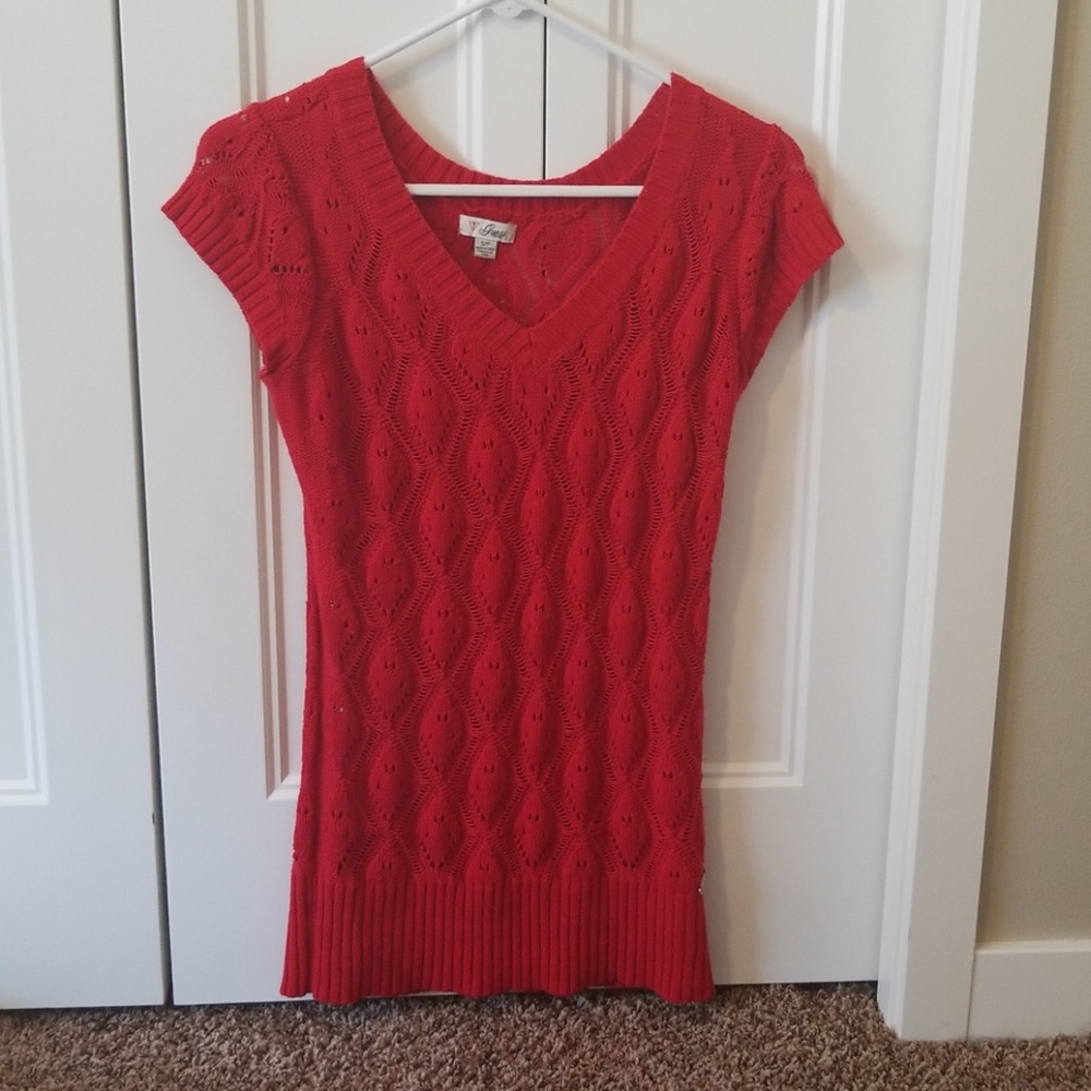 Red knit short sleeve sweater